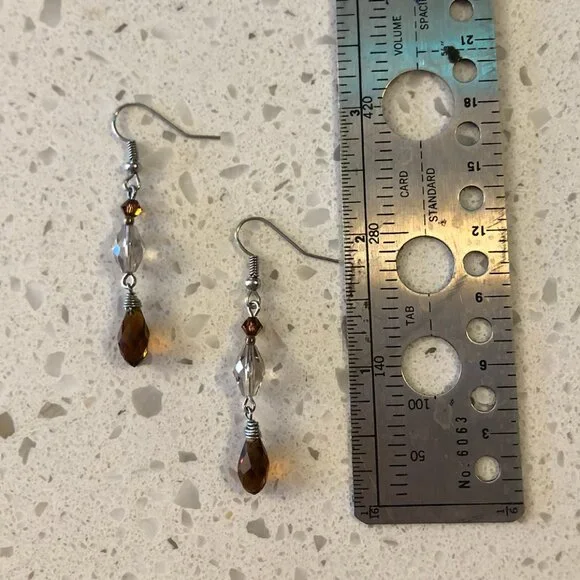 Handmade Dangle Earrings with Brown & Clear Crystal Beads - Picture 2 of 2